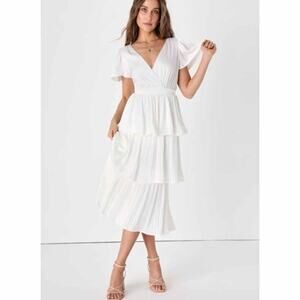 Lulus Twirl-wind Romance White Satin Tiered Midi Dress Size XS